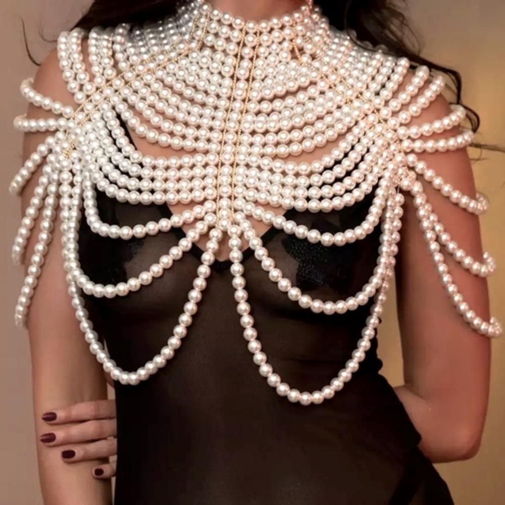 White Pearl Flapper Rave Party Shoulder Body Chain⚪️